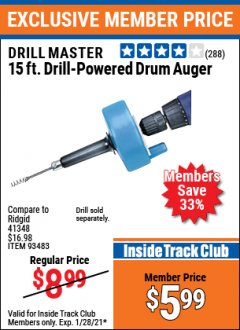 Harbor Freight ITC Coupon DRILL MASTER 15 FT. DRILL POWERED DRAIN AUGER Lot No. 57201 Expired: 1/28/21 - $5.99