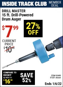 Harbor Freight ITC Coupon DRILL MASTER 15 FT. DRILL POWERED DRAIN AUGER Lot No. 57201 Expired: 1/6/22 - $7.99