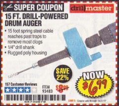 Harbor Freight Coupon DRILL MASTER 15 FT. DRILL POWERED DRAIN AUGER Lot No. 57201 Expired: 10/31/19 - $6.99