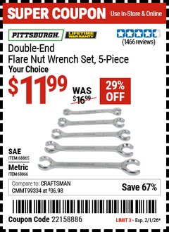 Harbor Freight Coupon PITTSBURGH DOUBLE-END FLARE NUT WRENCH SET, 5-PIECE Lot No. 68865/68866 Valid Thru: 2/1/26 - $11.99