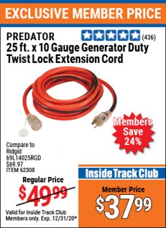 Harbor Freight ITC Coupon 25 FT. X 10 GAUGE GENERATOR DUTY TWIST LOCK EXTENSION CORD Lot No. 62308 Expired: 12/31/20 - $37.99