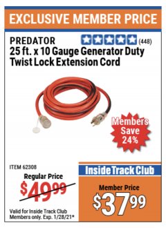 Harbor Freight ITC Coupon 25 FT. X 10 GAUGE GENERATOR DUTY TWIST LOCK EXTENSION CORD Lot No. 62308 Expired: 1/28/21 - $37.99