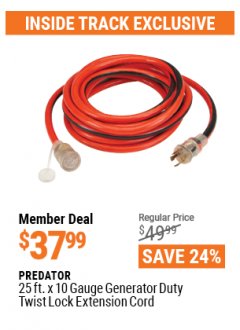 Harbor Freight ITC Coupon 25 FT. X 10 GAUGE GENERATOR DUTY TWIST LOCK EXTENSION CORD Lot No. 62308 Expired: 4/29/21 - $37.99