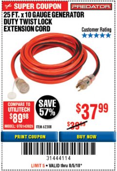 Harbor Freight Coupon 25 FT. X 10 GAUGE GENERATOR DUTY TWIST LOCK EXTENSION CORD Lot No. 62308 Expired: 8/5/18 - $37.99