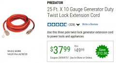 Harbor Freight Coupon 25 FT. X 10 GAUGE GENERATOR DUTY TWIST LOCK EXTENSION CORD Lot No. 62308 Expired: 6/30/20 - $37.99