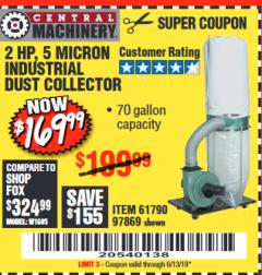 Harbor Freight Coupon 2 HP INDUSTRIAL 5 MICRON DUST COLLECTOR Lot No. 97869/61790 Expired: 6/13/18 - $169.99