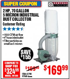 Harbor Freight Coupon 2 HP INDUSTRIAL 5 MICRON DUST COLLECTOR Lot No. 97869/61790 Expired: 5/21/18 - $169.99