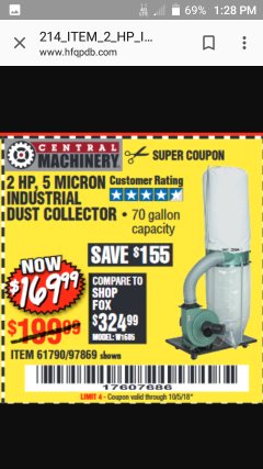 Harbor Freight Coupon 2 HP INDUSTRIAL 5 MICRON DUST COLLECTOR Lot No. 97869/61790 Expired: 10/5/18 - $169.99