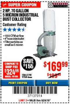 Harbor Freight Coupon 2 HP INDUSTRIAL 5 MICRON DUST COLLECTOR Lot No. 97869/61790 Expired: 6/24/18 - $169.99