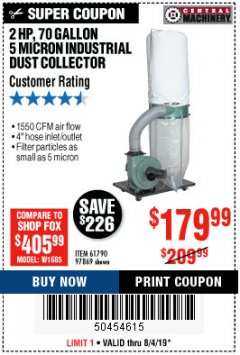 Harbor Freight Coupon 2 HP INDUSTRIAL 5 MICRON DUST COLLECTOR Lot No. 97869/61790 Expired: 8/4/19 - $179.99