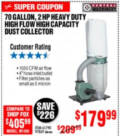 Harbor Freight Coupon 2 HP INDUSTRIAL 5 MICRON DUST COLLECTOR Lot No. 97869/61790 Expired: 10/4/19 - $179.99