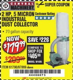 Harbor Freight Coupon 2 HP INDUSTRIAL 5 MICRON DUST COLLECTOR Lot No. 97869/61790 Expired: 12/29/19 - $179.99