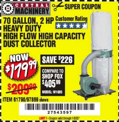 Harbor Freight Coupon 2 HP INDUSTRIAL 5 MICRON DUST COLLECTOR Lot No. 97869/61790 Expired: 1/5/20 - $179.99