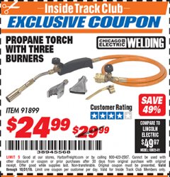 Harbor Freight ITC Coupon CHICAGO ELECTRIC PROPANE TORCH WITH THREE BURNERS Lot No. 91899 Expired: 10/31/18 - $24.99