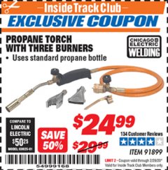 Harbor Freight ITC Coupon PROPANE TORCH WITH THREE BURNERS Lot No. 91899 Expired: 2/29/20 - $24.99