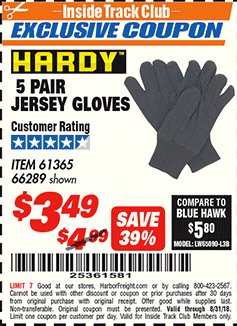 Harbor Freight ITC Coupon HARDY JERSEY GLOVES 5 PAIRS Lot No. 61365 Expired: 8/31/18 - $3.49