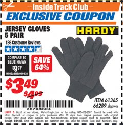 Harbor Freight ITC Coupon HARDY JERSEY GLOVES 5 PAIRS Lot No. 61365 Expired: 8/31/19 - $3.49