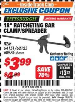 Harbor Freight ITC Coupon 18" RATCHETING BAR CLAMP/SPREADER Lot No. 62125, 68976 Expired: 10/31/18 - $3.99