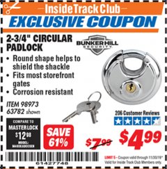 Harbor Freight ITC Coupon 2-3/4" CIRCULAR PADLOCK Lot No. 98973 Expired: 11/30/19 - $4.99