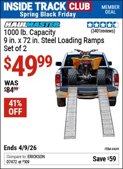 Harbor Freight Coupon HAUL-MASTER 1000 LB. CAPACITY, 72 IN. X 9 IN. STEEL LOADING RAMPS, SET OF 2 Lot No. 44649 Valid: 12/31/69 - 4/9/26 - $49.99