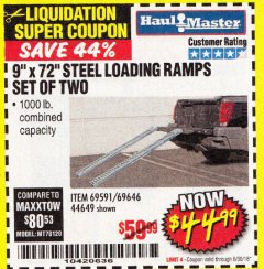 Harbor Freight Coupon 9" x 72", 2 PIECE STEEL LOADING RAMPS Lot No. 44649/69591/69646 Expired: 6/30/18 - $44.99