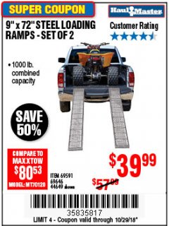 Harbor Freight Coupon 9" x 72", 2 PIECE STEEL LOADING RAMPS Lot No. 44649/69591/69646 Expired: 10/29/18 - $39.99