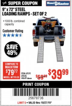Harbor Freight Coupon 9" x 72", 2 PIECE STEEL LOADING RAMPS Lot No. 44649/69591/69646 Expired: 11/10/19 - $39.99