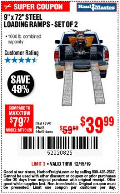 Harbor Freight Coupon 9" x 72", 2 PIECE STEEL LOADING RAMPS Lot No. 44649/69591/69646 Expired: 12/15/19 - $39.99