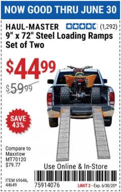 Harbor Freight Coupon 9" x 72", 2 PIECE STEEL LOADING RAMPS Lot No. 44649/69591/69646 Expired: 6/30/20 - $44.99