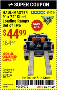 Harbor Freight Coupon 9" x 72", 2 PIECE STEEL LOADING RAMPS Lot No. 44649/69591/69646 Expired: 7/31/20 - $44.99