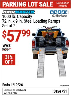 Harbor Freight Coupon HAUL-MASTER 1000 LB. CAPACITY, 72 IN. X 9 IN. STEEL LOADING RAMPS, SET OF 2 Lot No. 44649 Expired: 12/31/69 - $57.99