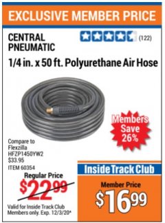 Harbor Freight ITC Coupon 1/4" X 50 FT. POLYURETHANE AIR HOSE Lot No. 60354 Expired: 12/3/20 - $16.99