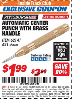 Harbor Freight ITC Coupon AUTOMATIC CENTER PUNCH WITH BRASS HANDLE Lot No. 621 Expired: 10/31/18 - $1.99