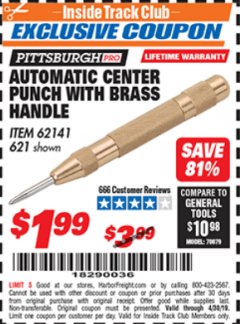Harbor Freight ITC Coupon AUTOMATIC CENTER PUNCH WITH BRASS HANDLE Lot No. 621 Expired: 4/30/19 - $1.99