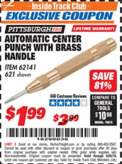 Harbor Freight ITC Coupon PITTSBURGH AUTOMATIC CENTER PUNCH WITH BRASS HANDLE Lot No. 621 Expired: 4/30/19 - $1.99