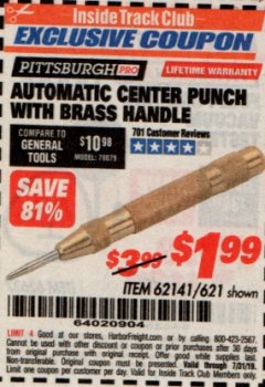 Harbor Freight ITC Coupon AUTOMATIC CENTER PUNCH WITH BRASS HANDLE Lot No. 621 Expired: 7/31/19 - $1.99