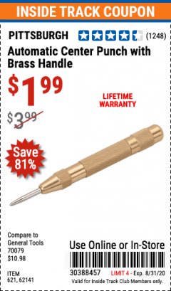 Harbor Freight ITC Coupon PITTSBURGH AUTOMATIC CENTER PUNCH WITH BRASS HANDLE Lot No. 621 Expired: 8/31/20 - $1.99