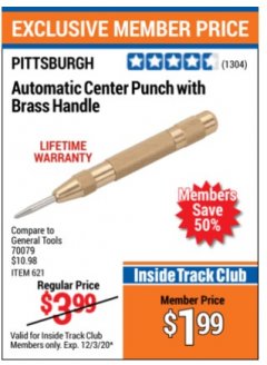 Harbor Freight ITC Coupon PITTSBURGH AUTOMATIC CENTER PUNCH WITH BRASS HANDLE Lot No. 621 Expired: 12/3/20 - $1.99