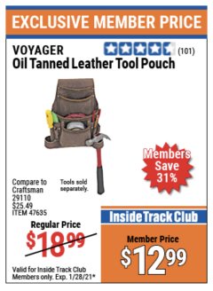 Harbor Freight ITC Coupon OIL TANNED LEATHER TOOL POUCH Lot No. 47635 Expired: 1/28/21 - $12.99