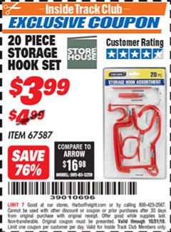 Harbor Freight ITC Coupon STOREHOUSE STORAGE HOOK SET, 20-PIECE Lot No. 67587 Expired: 10/31/18 - $3.99