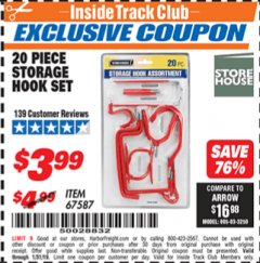 Harbor Freight ITC Coupon 20 PIECE STORAGE HOOK SET  Lot No. 67587 Expired: 1/31/19 - $3.99