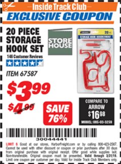 Harbor Freight ITC Coupon STOREHOUSE STORAGE HOOK SET, 20-PIECE Lot No. 67587 Expired: 3/31/19 - $3.99