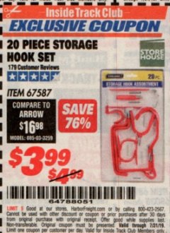 Harbor Freight ITC Coupon STOREHOUSE STORAGE HOOK SET, 20-PIECE Lot No. 67587 Expired: 7/31/19 - $3.99