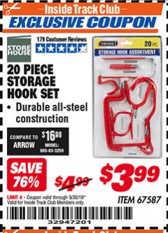 Harbor Freight ITC Coupon 20 PIECE STORAGE HOOK SET  Lot No. 67587 Expired: 9/30/19 - $3.99