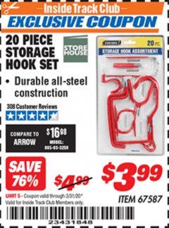 Harbor Freight ITC Coupon 20 PIECE STORAGE HOOK SET  Lot No. 67587 Expired: 3/31/20 - $3.99