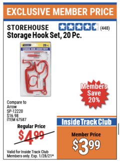 Harbor Freight ITC Coupon 20 PIECE STORAGE HOOK SET  Lot No. 67587 Expired: 1/28/21 - $3.99