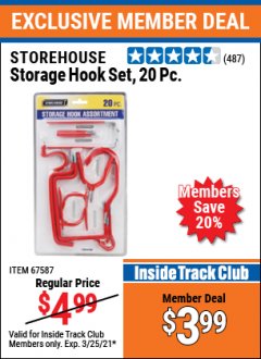 Harbor Freight ITC Coupon 20 PIECE STORAGE HOOK SET  Lot No. 67587 Expired: 3/25/21 - $3.99