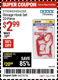 Harbor Freight Coupon STOREHOUSE STORAGE HOOK SET, 20-PIECE Lot No. 67587 Expired: 7/7/24 - $2.99