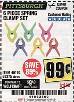 Harbor Freight Coupon 6 PIECE MICRO SPRING CLAMP SET Lot No. 46190/69375 Expired: 10/17/18 - $0.99