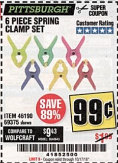 Harbor Freight Coupon PITTSBURGH MICRO SPRING CLAMP SET, 6-PIECE Lot No. 69375 Expired: 10/17/18 - $0.99
